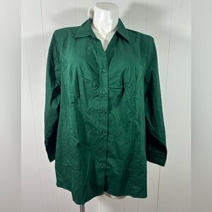 NWT Lane Bryant Women’s Sz 26 Green Ruched Button Down Shirt Blouse Long Sleeve